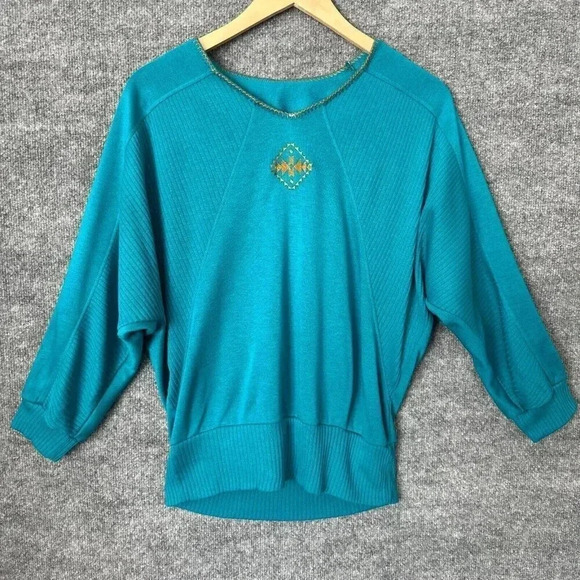 Vintage Southwest Top Womens S Turquoise Knit Embroidered Dolman Sleeve Shirt - Picture 3 of 15